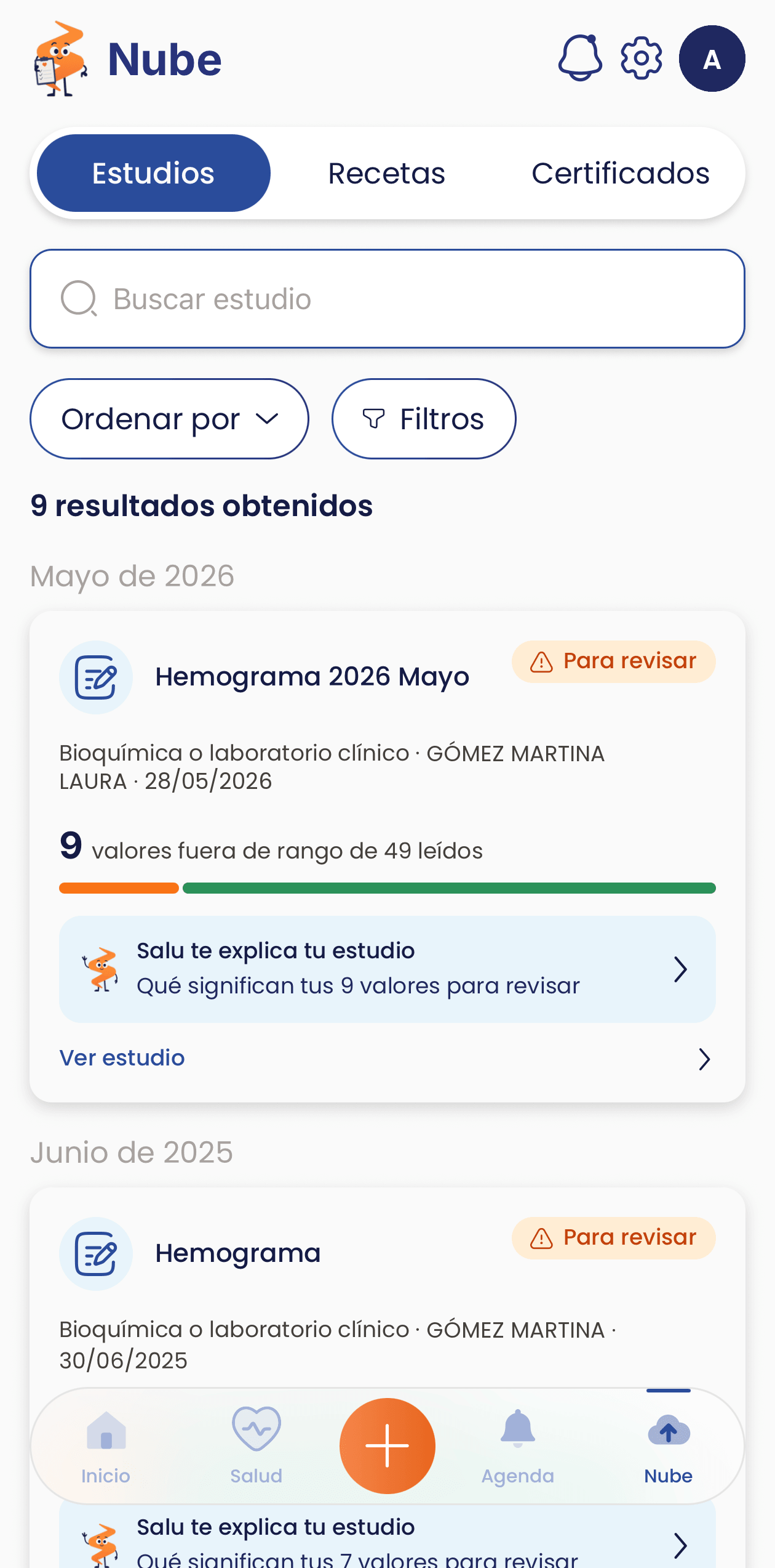 La Nube de Salutia: estudios, recetas y certificados, con Salu explicando cada estudio